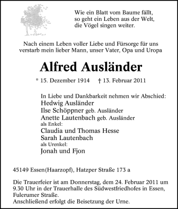 Traueranzeige von Alfred Ausländer von Tageszeitung