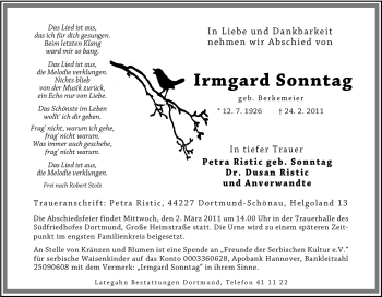 Traueranzeige von Irmgard Sonntag von Tageszeitung
