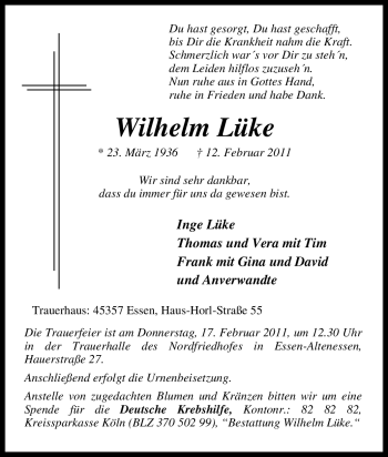 Traueranzeige von Wilhelm Lüke von Tageszeitung