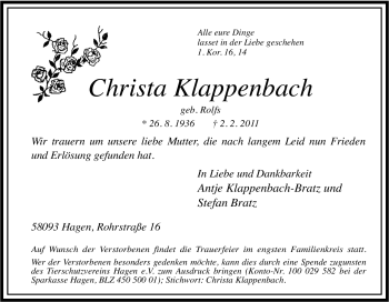 Traueranzeige von Christa Klappenbach von Tageszeitung