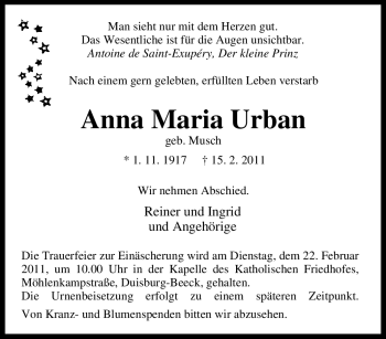 Traueranzeige von Anna Maria Urban von Tageszeitung