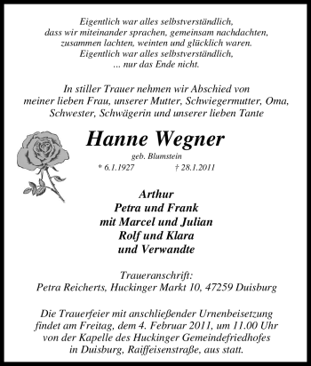 Traueranzeige von Hanne Wegner von Tageszeitung
