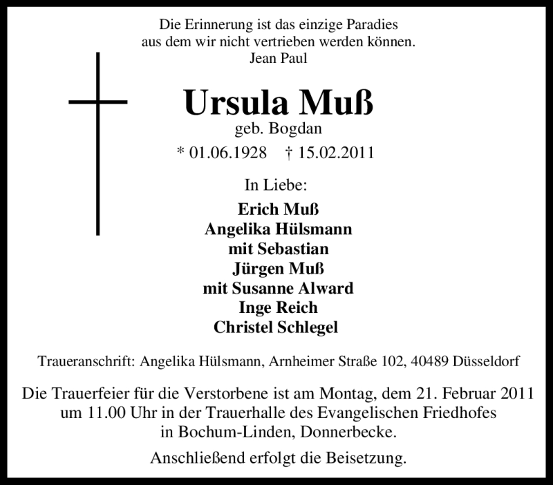  Traueranzeige für Ursula Muß vom 17.02.2011 aus Tageszeitung