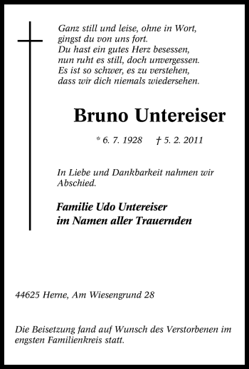 Traueranzeige von Bruno Untereiser von Tageszeitung