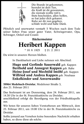 Traueranzeige von Heribert Kappen von Tageszeitung