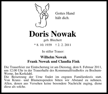 Traueranzeige von Doris Nowak von Tageszeitung