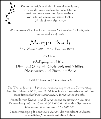 Traueranzeige von Marga Bach von Tageszeitung