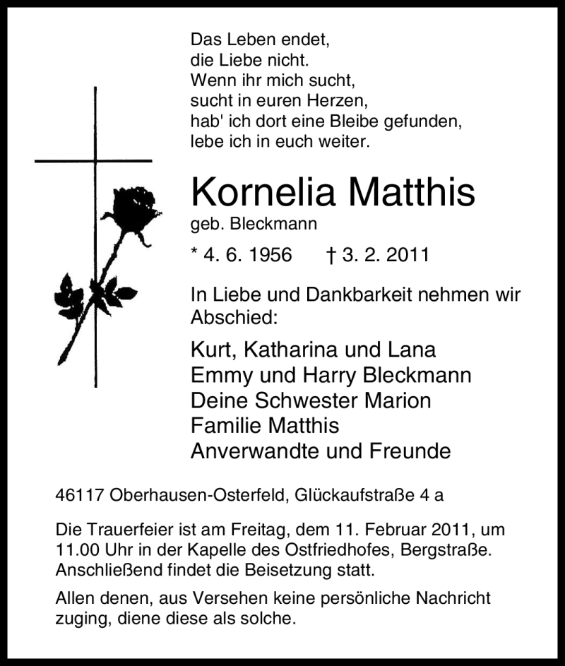 Traueranzeige für Kornelia Matthis vom 05.02.2011 aus Tageszeitung