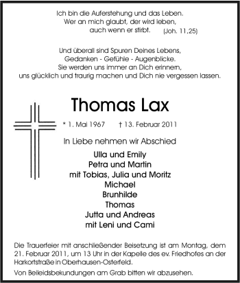 Traueranzeige von Thomas Lax von Tageszeitung