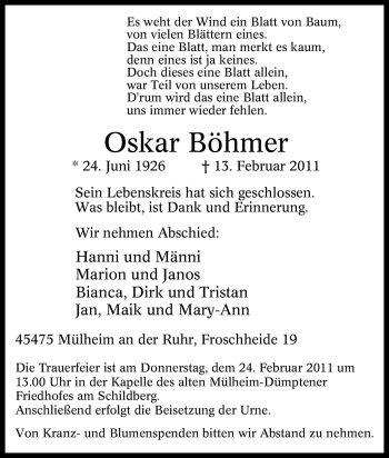 Traueranzeige von Oskar Böhmer von Tageszeitung