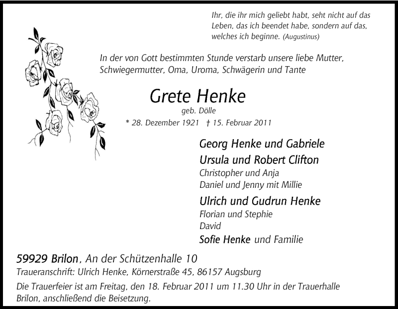  Traueranzeige für Grete Henke vom 17.02.2011 aus Tageszeitung