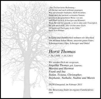 Traueranzeige von Horst Thomas von Tageszeitung