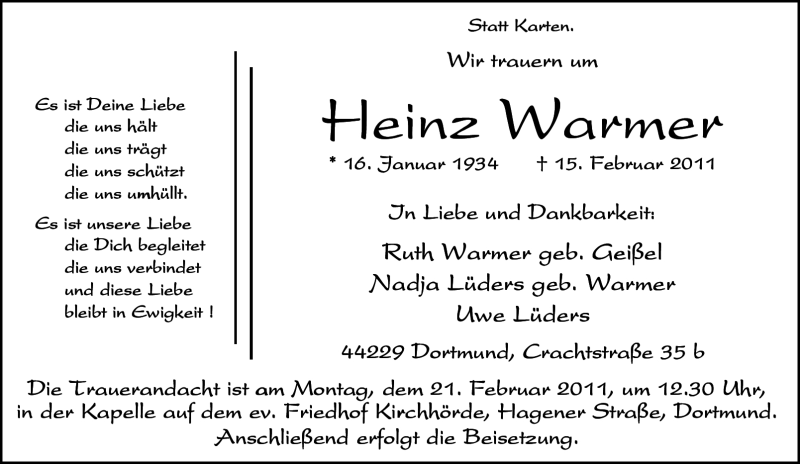  Traueranzeige für Heinz Warmer vom 17.02.2011 aus Tageszeitung