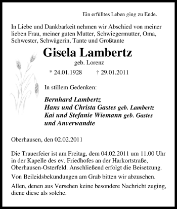 Traueranzeige von Gisela Lambertz von Tageszeitung