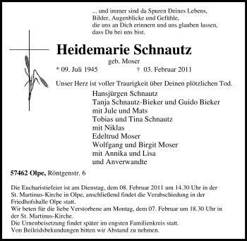 Traueranzeige von Heidemarie Schnautz von Tageszeitung