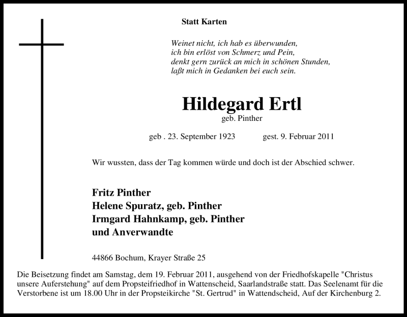  Traueranzeige für Hildegard Ertl vom 15.02.2011 aus Tageszeitung