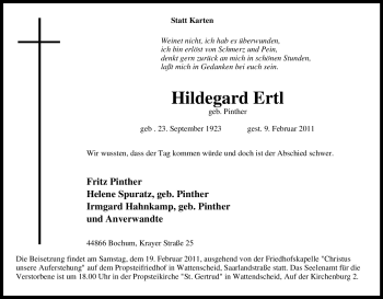 Traueranzeige von Hildegard Ertl von Tageszeitung