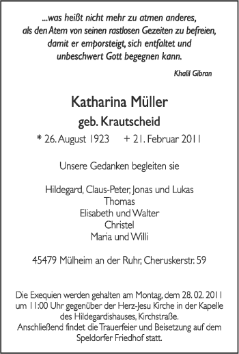 Traueranzeige von Katharina Müller von Tageszeitung