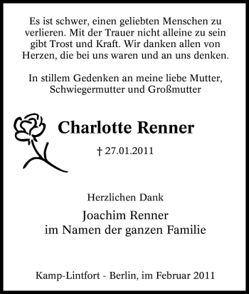 Traueranzeige von Charlotte Renner von Tageszeitung
