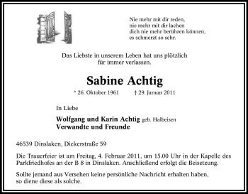 Traueranzeige von Sabine Achtig von Tageszeitung