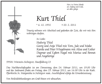Traueranzeige von Kurt Thiel von Tageszeitung
