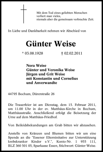 Traueranzeige von Günter Weise von Tageszeitung