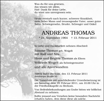 Traueranzeige von Andreas Thomas von Tageszeitung