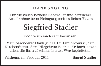 Traueranzeige von Siegfried Stadler von Tageszeitung