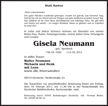 Traueranzeige von Gisela Neumann von Tageszeitung