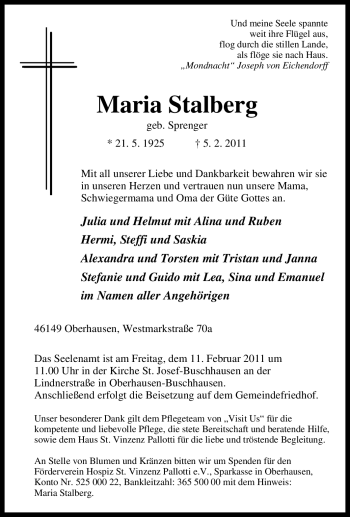 Traueranzeige von Maria Stalberg von Tageszeitung