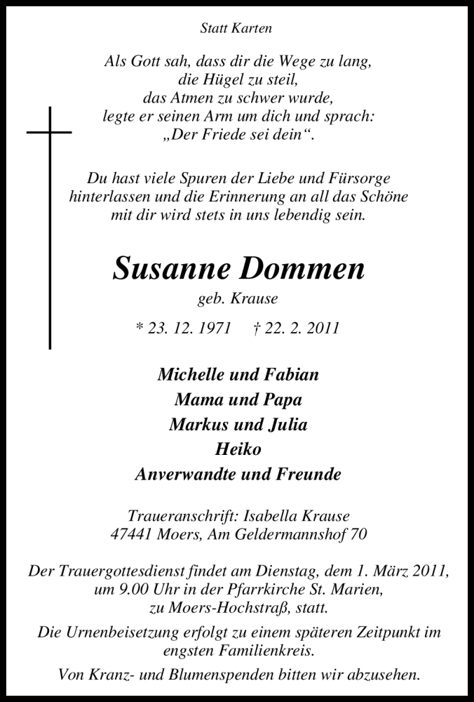  Traueranzeige für Susanne Dommen vom 25.02.2011 aus Tageszeitung