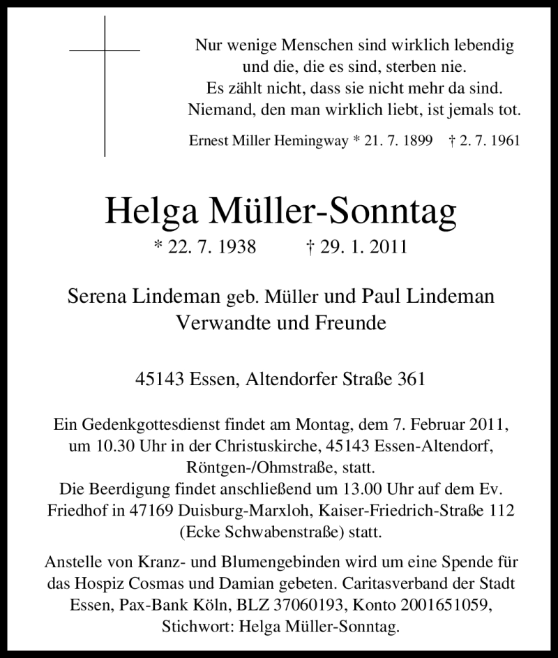  Traueranzeige für Helga Müller-Sonntag vom 02.02.2011 aus Tageszeitung