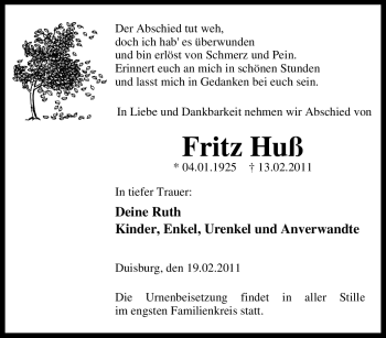 Traueranzeige von Fritz Huß von Tageszeitung