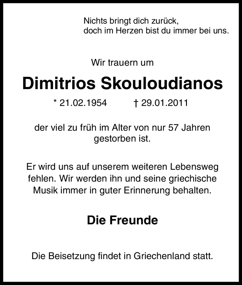  Traueranzeige für Dimitrios Skouloudianos vom 12.02.2011 aus Tageszeitung
