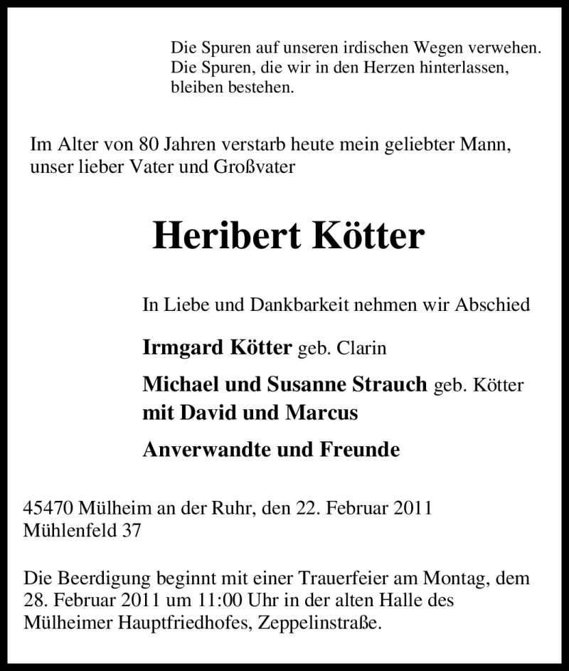  Traueranzeige für Heribert Kötter vom 25.02.2011 aus Tageszeitung