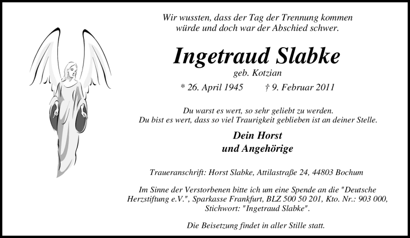  Traueranzeige für Ingetraud Slabke vom 19.02.2011 aus Tageszeitung