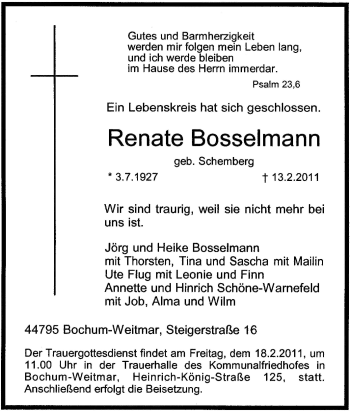 Traueranzeige von Renate Bosselmann von Tageszeitung