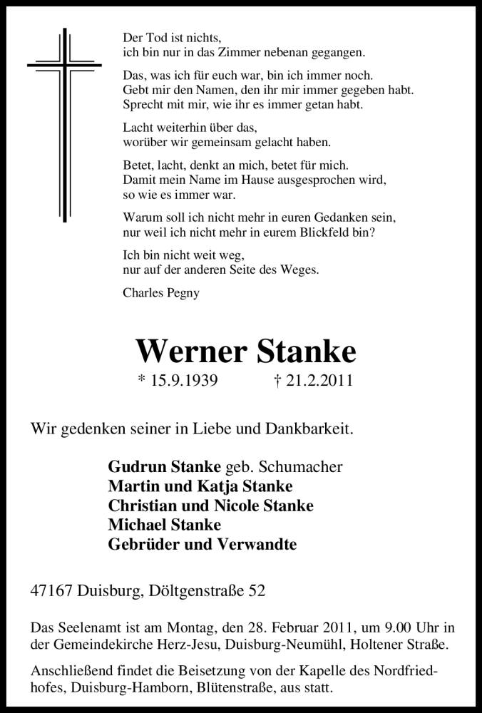  Traueranzeige für Werner Stanke vom 25.02.2011 aus Tageszeitung