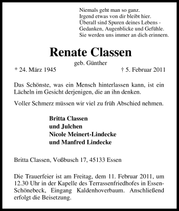 Traueranzeige von Renate Classen von Tageszeitung