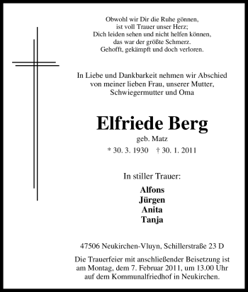 Traueranzeige von Elfriede Berg von Tageszeitung