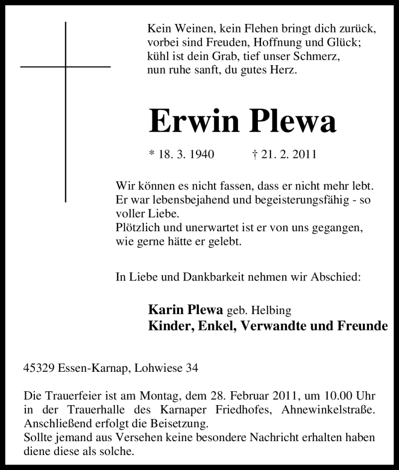  Traueranzeige für Erwin Plewa vom 25.02.2011 aus Tageszeitung
