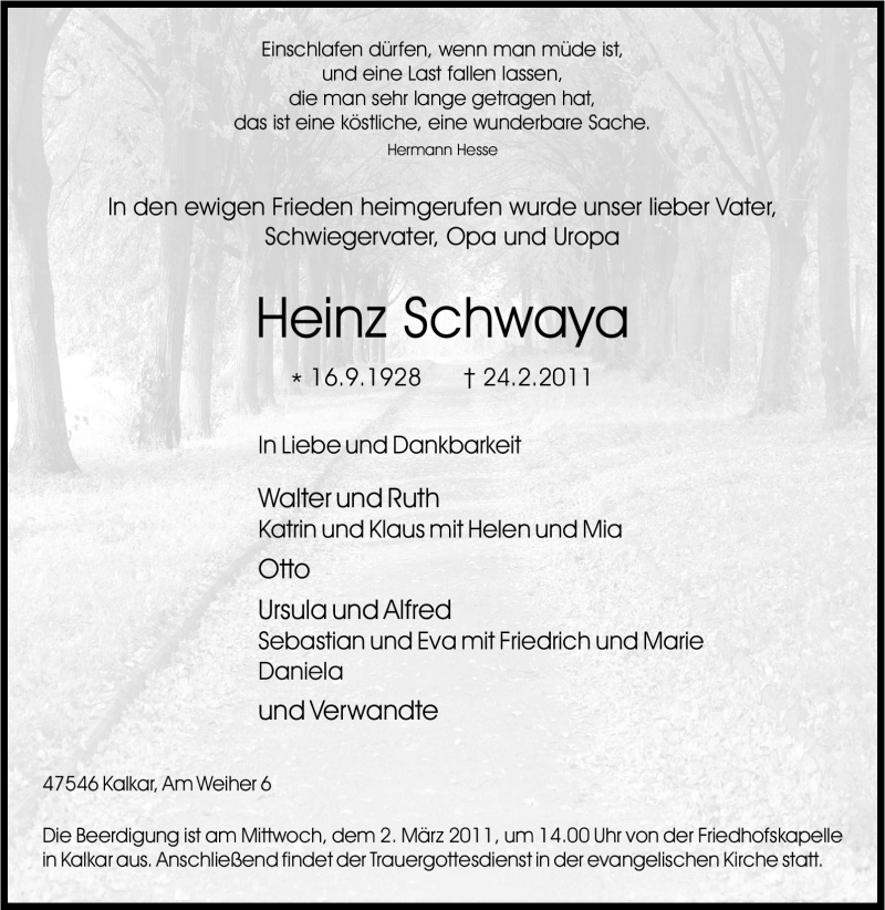  Traueranzeige für Heinz Schwaya vom 26.02.2011 aus Tageszeitung