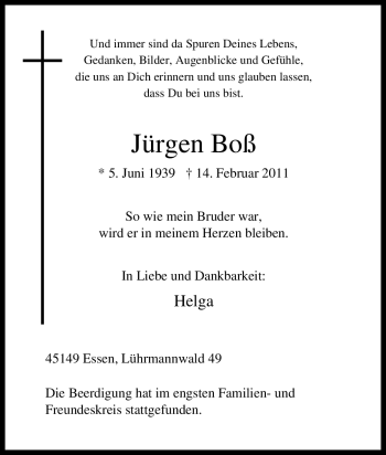 Traueranzeige von Jürgen Boß von Tageszeitung