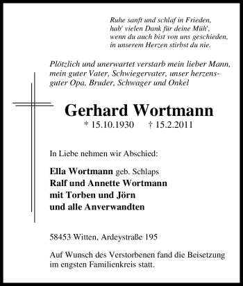 Traueranzeige von Gerhard Wortmann von Tageszeitung
