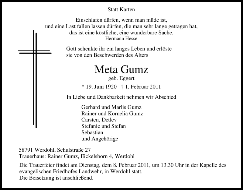  Traueranzeige für Meta Gumz vom 03.02.2011 aus Tageszeitung