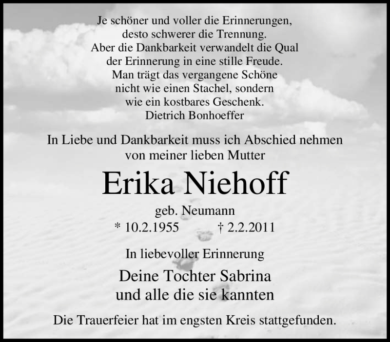  Traueranzeige für Erika Niehoff vom 15.02.2011 aus Tageszeitung