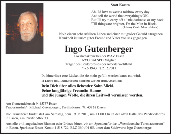 Traueranzeige von Ingo Gutenberger von Tageszeitung