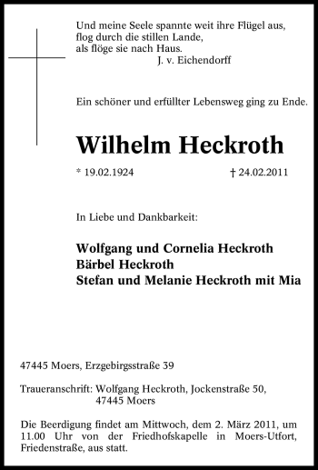 Traueranzeige von Wilhelm Heckroth von Tageszeitung