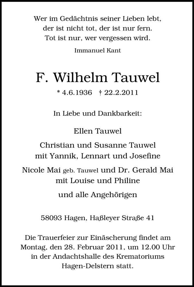  Traueranzeige für F. Wilhelm Tauwel vom 25.02.2011 aus Tageszeitung