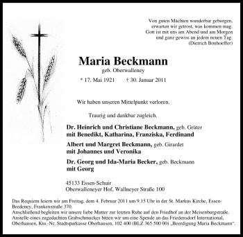 Traueranzeige von Maria Beckmann von Tageszeitung